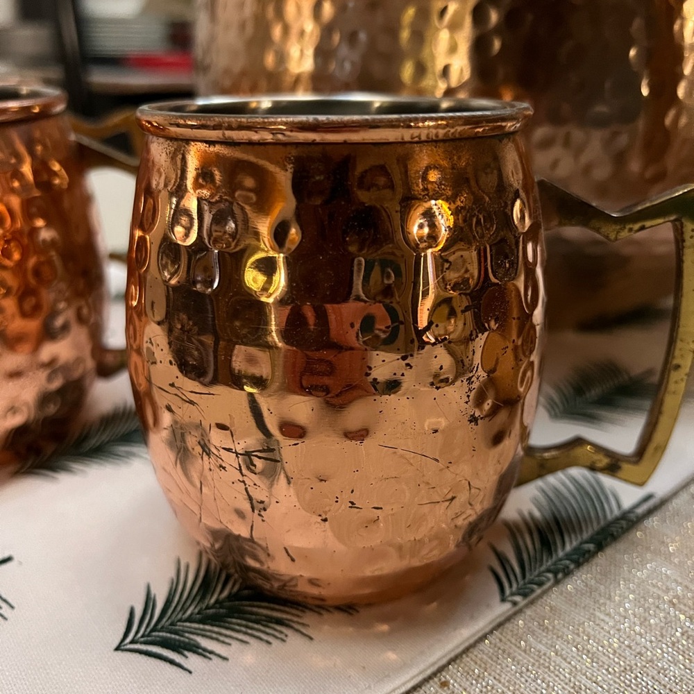 Moscow mule 5 pc set Copper with 3 Gold Handled mugs large bowl and ladle.